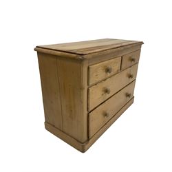 Pine chest of drawers, the rectangular top with moulded edge over two short and three long drawers, raised on a plinth base