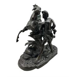 After Guillaume Coustou (1677-1746): Bronze Marly horse with groom, H54cm x W51cm