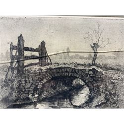 Suze De Lint (Dutch 1878-1953): Bridge, etching signed and numbered 20/50; David Gee (British 20th century): Portrait of a Terrier, etching signed; Featherstone Robson (British 1880-1936): 'Castle Garth and Cathedral Newcastle on Tyne, etching signed and dated; max 14cm x 18cm (3)
