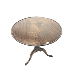 Georgian mahogany tilt top table, circular top with raised edge over bird bracket and snap top action, turned column, triple splay supports, D85cm, H74cm