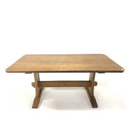 'Acornman' Yorkshire oak dining table, with adzed top raised on shaped and adzed panel end supports and arched sledge feet, united by stretcher, 168cm x 82cm, H75cm