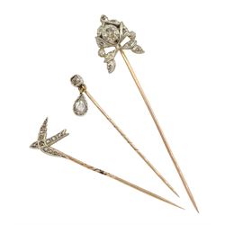Three Victorian silver and gold diamond stick pins including swallow and an  old cut diamond with pear shaped drop of approx 0.30 carat