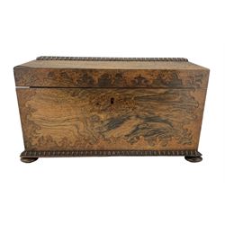 Mid Victorian rosewood and burr walnut marquetry inlaid tea caddy, of sarcophagus form with moulded borders and one ring handle, the hinged cover opens to reavel a fitted interior with two lidded compartments, both with marquetry inlay and later blue and white bowl, on four bun feet, L32cm, H19cm, D16cm 