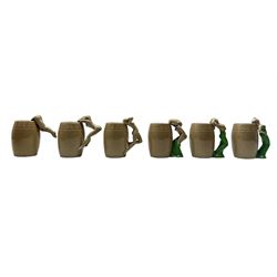 Set of six Japanese mugs, the handles modelled as women posing in various states of undress, H13cm max 