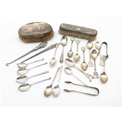Five Ayrshire cattle society silver tea spoons, four silver and enamel white rose tea spoons, various other tea spoons, two pairs of silver sugar tongs,  two silver backed brushes and two silver handled button hooks, weighable silver 8.1oz