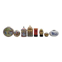 Eight Staffordshire Enamels trinket boxes comprising a Post Box, Christmas Pudding, Easter Egg, 'Christmas 1992', Harrods building, 'Flying Horses' Carousel and two others (8)