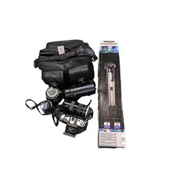 Canon AE-1 camera, lenses etc, in a carry bag and a boxed aluminium tripod