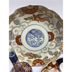 Pair of Japanese Meiji dishes, decorated with a central dragon and pearl roundel encircled by bands with stylized birds, Fuki Choshun mark, D21.5cm, a Japanese Imari fluted dish, two vases and a modern Imari dish and bowl (7)