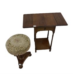 Mahogany drop leaf occasional table, fitted with one frieze drawer and one under tier, together with mahogany piano stool 