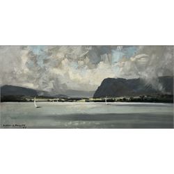 Aubrey R Phillips (British 1920-2005): 'Bright Interval - Derwentwater', oil on panel signed and dated '73, titled verso 28cm x 59cm 