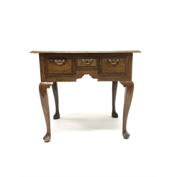 18th century oak lowboy, rectangular moulded top over three drawers with mahogany banded and box wood and ebony stringing, shaped apron, on cabriole supports, W79cm, H69cm, D61cm