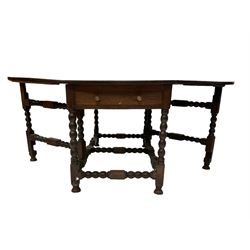 19th century oak drop leaf dining table, oval top fitted with single drawer to each side, bobbin turned gate leg supports united by stretcher