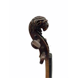 German violin with lion carved scroll, length of back 36cm with bow in case