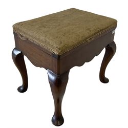 19th century mahogany stool, the hinged and lifting seat raised on cabriole supports 