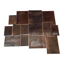 Collection of fifteen copper printing plates including frontispiece of The Dynasts by Thomas Hardy 1908, other frontispieces, portrait, book spines etc