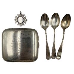 Silver cigarette case with presentation inscription Chester 1916, three silver tea spoons and a silver fob 