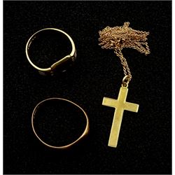 Two gold signet rings and a gold cross pendant necklace, all 9ct hallmarked or tested
