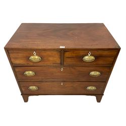 George III mahogany straight-front chest, fitted with two short over two long cock-beaded drawers, each with bone escutcheons and pressed brass handle plates with thistle motifs, on bracket feet
