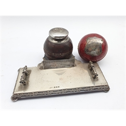 Edwardian silver inkstand with inkwell in the form of a cricket ball and with presentation plaque W18cm Birmingham 1907 Maker William Hair Haseler and a presentation cricket ball 