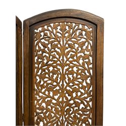 Indian carved hardwood three-panel folding screen, decorated with pierced and carved panels