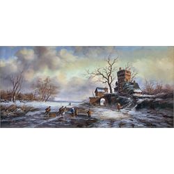 Dutch School (20th century): Ice Skating on the Frozen River, oil on panel unsigned, housed in heavy gilt stepped frame 19cm x 40cm
