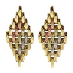 Pair of tri-coloured brushed and polished 9ct gold pendant earrings, hallmarked 