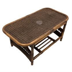 Simulated bamboo and wicker work coffee table with magazine rack
