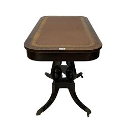 19h century mahogany centre table, the leather inset top, raised on four scrolled supports leading into quadruple base, terminating in brass castors W104cm