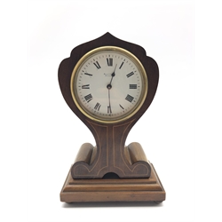 Art Nouveau period inlaid mahogany mantel clock timepiece, circular white enamel Roman dial, single train driven movement stamped with lion for Richard & Co., H23cm