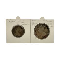Queen Anne 1707 shilling and 1708 halfcrown coins, both with E below bust