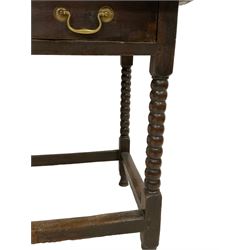 18th century oak side table, figured moulded rectangular top over single drawer, on bobbin turned supports joined by plain stretchers