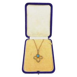 Edwardian gold blue zircon and seed pearl pendant, stamped 9ct, on 9ct gold rope twist necklace, boxed