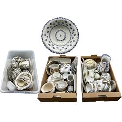 Johnson Bros England 'Indian tree' pattern part dinner and tea ware service, Duchess bone china part tea ware service, blue and white Spongeware type wash jug and bowl, other tea sets and porcelain etc in three boxes