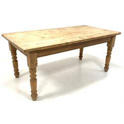 Victorian style pine farmhouse dining table, rectangular top raised on turned supports 91cm x 180cm, H78cm