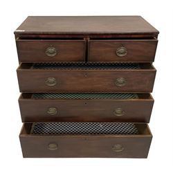 Early 19th century mahogany chest, rectangular crossbanded top, fitted with two short over three long graduating cock-beaded drawers, on splayed feet