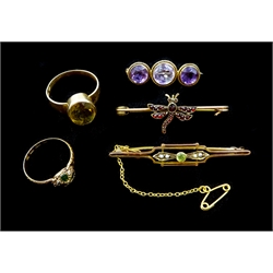 Victorian 18ct gold rose cut diamond and green stone cluster ring, Birmingham 1861, gold oval citrine ring stamped 9ct, gold seed pearl and peridot bar brooch, gold amethyst bar brooch and a gilt Bohemian garnet dragonfly brooch (5)