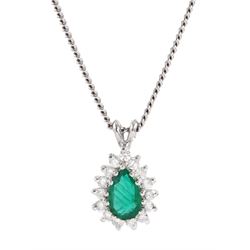 18ct white gold pear cut emerald and round brilliant cut diamond pendant necklace, emerald approx 0.60 carat