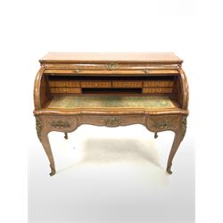 French Louis XV design kingwood cylinder front bureau with inlaid decoration, the interior with tooled leather writing surface and small drawers, three drawers under with gilt metal mounts and sabot feet W122cm H107cm,D67cm