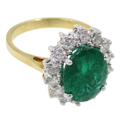 18ct gold oval emerald and diamond cluster ring, hallmarked, emerald 3.00 carat, total diamond weight approx 1.10 carat