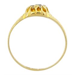 Early 20th century 18ct gold old cut diamond cluster ring, with engraved scroll design shoulders, hallmarked