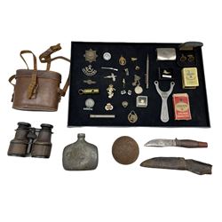 Johnson Western Works, Sheffield hunting knife in leather sheaf, pair of 19th/ early 20th century binoculars, brass whistle, Lincolnshire Regiment officers cap badge, REME cap badge, two pewter brooches by T.S. Brown in the form of a Pheasant and Shotgun, Victorian pewter hip flask and miscellanea 