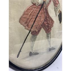 Silk embroidered oval picture of an 18th century gentleman in pink coat, framed 30cm x 23xm
