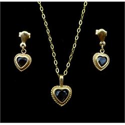 Gold sapphire heart pedant necklace and matching earrings, all 9ct tested or stamped