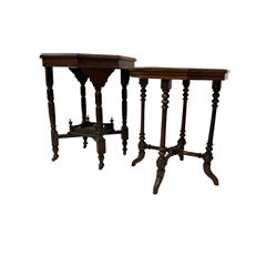 Late 19th century walnut and mahogany octagonal occasional table, raised on ring turned supports united by X-stretcher and undertier with raised gallery, terminating in ceramic castors; together with another similar