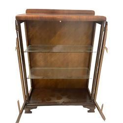 Early 20th century walnut display cabinet, the raised back over two glazed doors, enclosing two glass shelves, raised on ogee supports (W85cm, H124cm, D32cm)