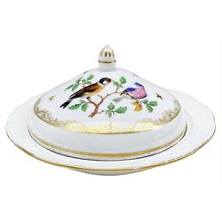 20th century Meissen butter dish and cover painted with birds within a gilt and moulded border D20cm (mark scratched through)