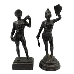 Two 19th century Grand Tour bronze figures modelled as David after Michelangelo and a Gladiator, the Gladiator holding aloft a shield, and sword in his right hand, on circular stepped base H13cm, and David on a square stepped base