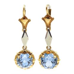 Pair of 18ct gold blue stone set pendant stud earrings, stamped 750