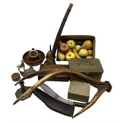 Number of pieces of wax fruit, small 18th century candlestick, Kukri in scabbard, antlers etc