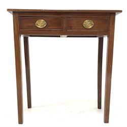 19th century mahogany side table, fitted with two oak lined drawers with plate brass pull handles, raised on square chamfered supports 66cm x 33cm, H70cm